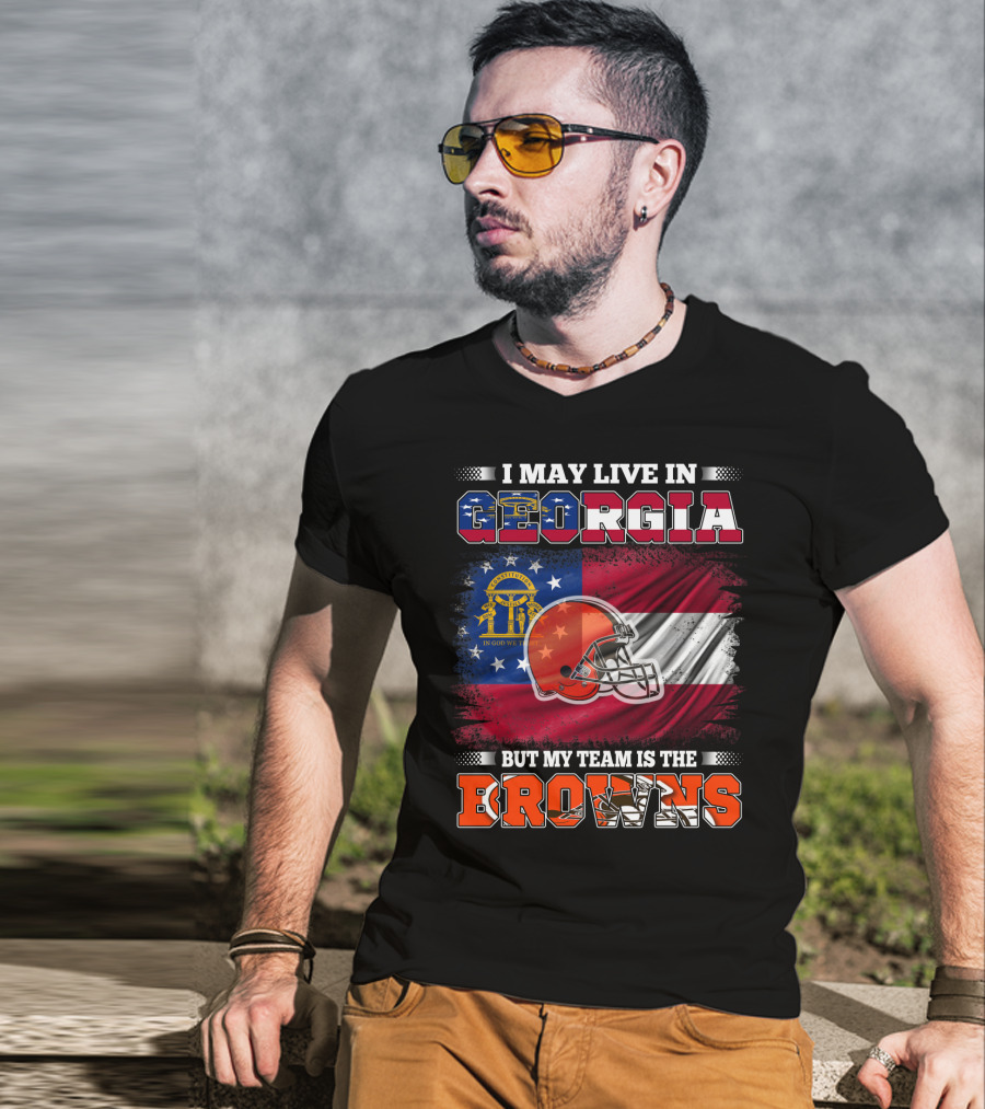 I May Live In Georgia But My Team Is The Browns Football Helmet Flag T-Shirt