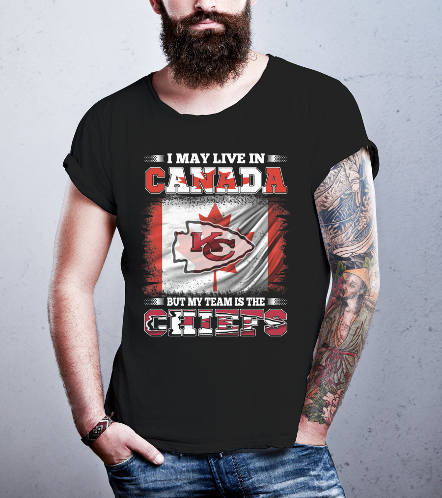 Chiefs Enthusiast Living In Canada With Kansas City Logo And Canadian Flag Background T-Shirt