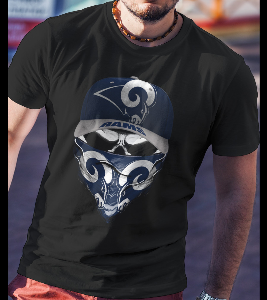 Los Angeles Rams Blue And Silver Skull Bandana And Cap T-Shirt