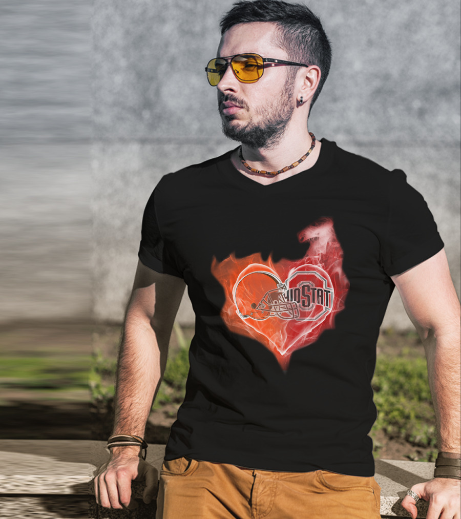 Browns Ohio State Buckeyes Flaming Heart T-Shirt