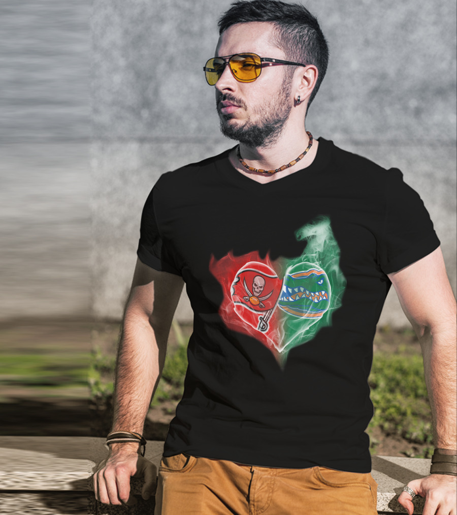 Buccaneers And Florida Gators Heart Smoke Logo Combination T-Shirt