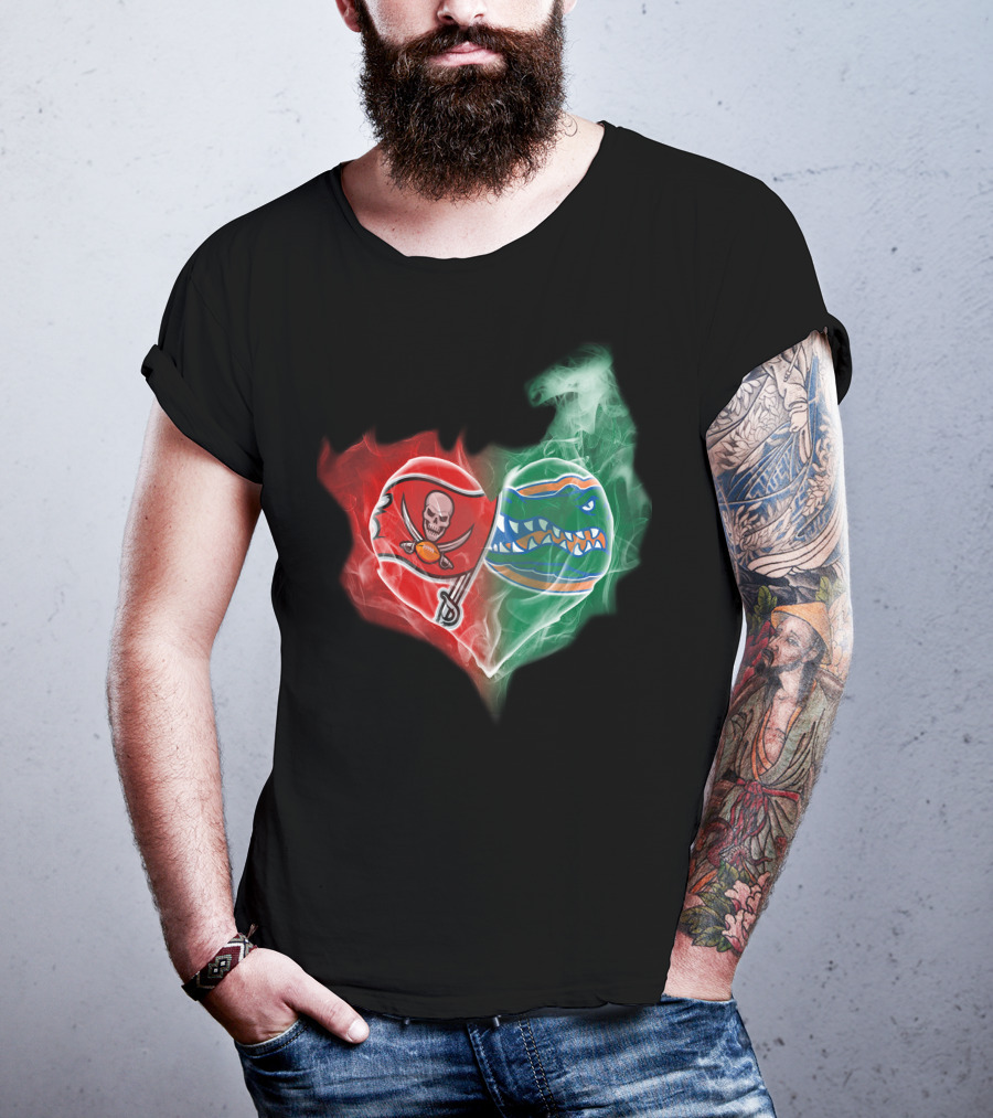 Buccaneers And Florida Gators Heart Smoke Logo Combination T-Shirt