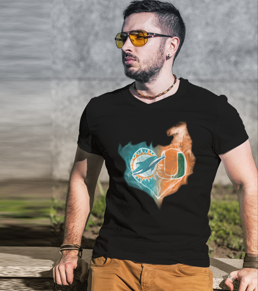 Miami Dolphins Hurricanes Heart Logo Fusion T-Shirt