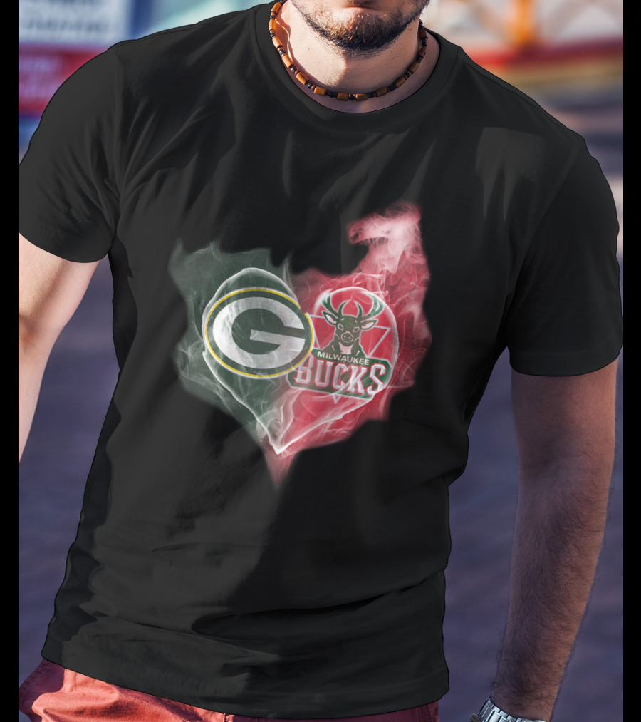 Green Bay Packers And Milwaukee Bucks Heart Fusion T-Shirt