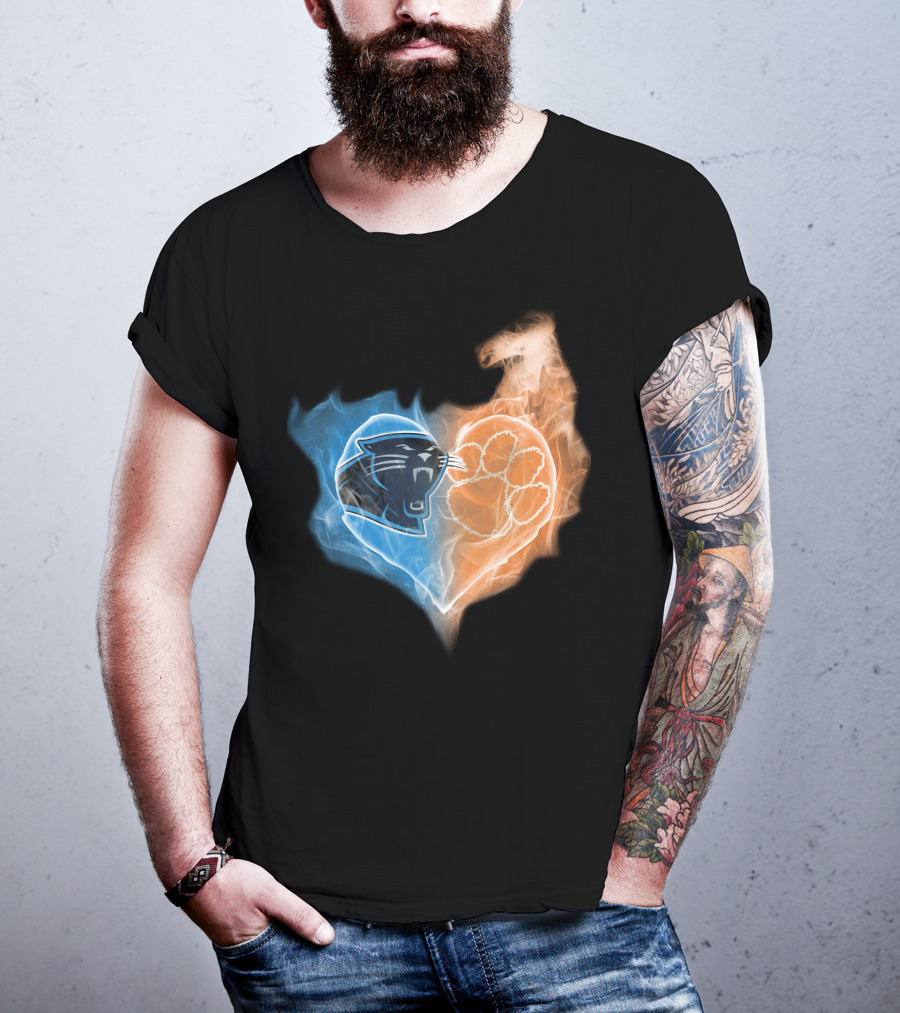 Carolina Panthers Clemson Tigers Heart Logo Fire And Ice T-Shirt