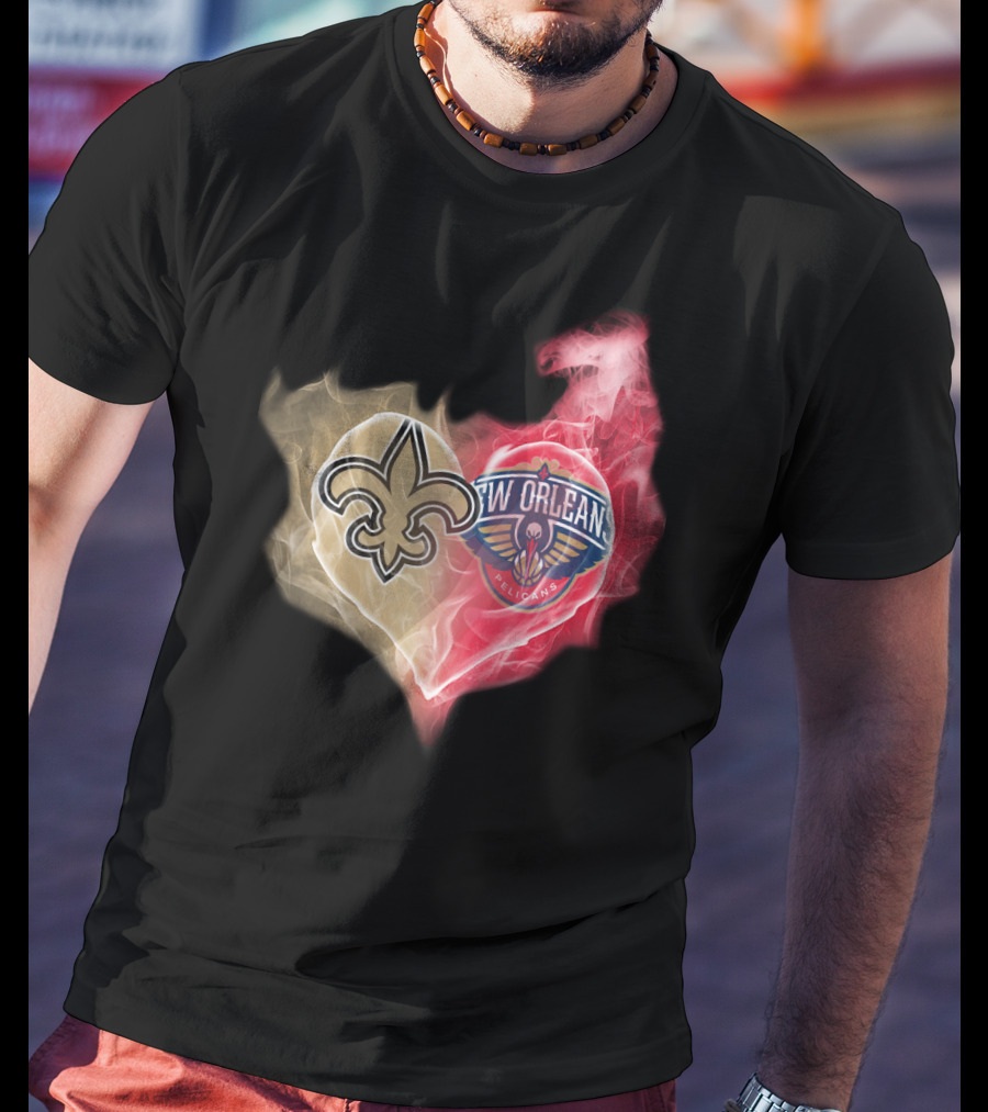 New Orleans Saints Pelicans Heart Logo Fusion T-Shirt