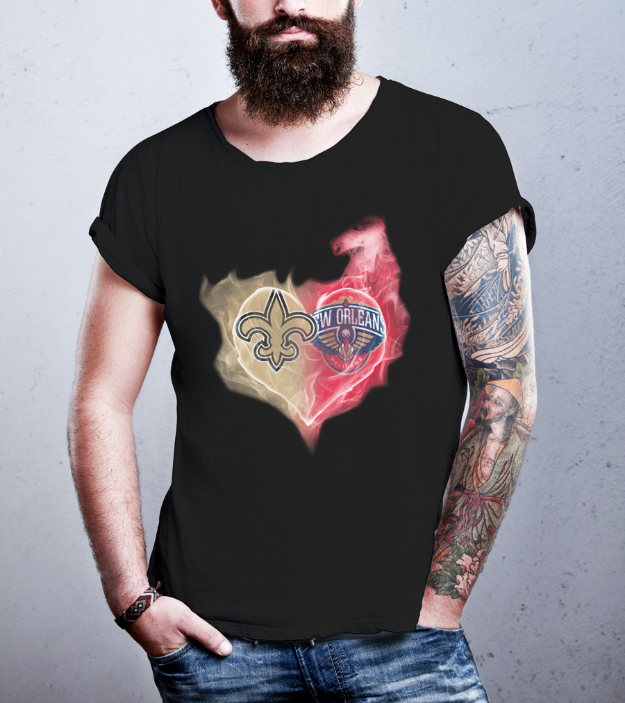 New Orleans Saints Pelicans Heart Logo Fusion T-Shirt