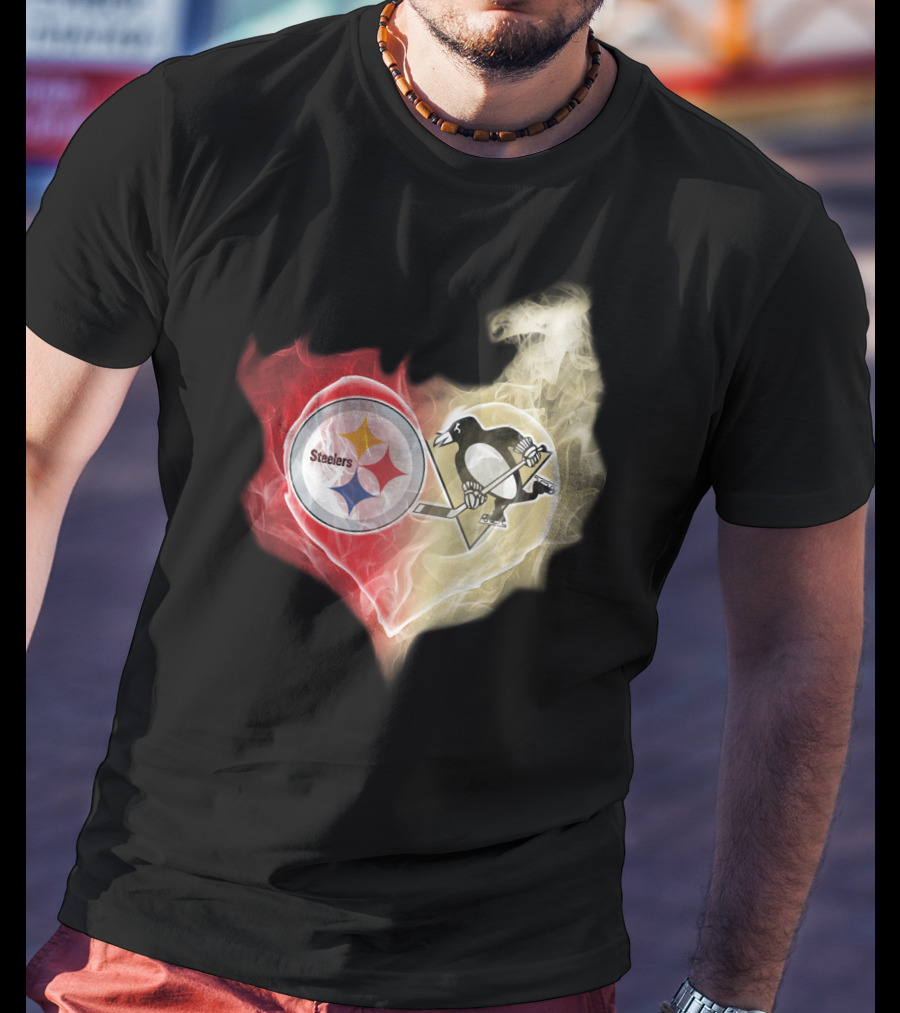 Steelers Pittsburgh Penguins Heart Shape Emblem T-Shirt