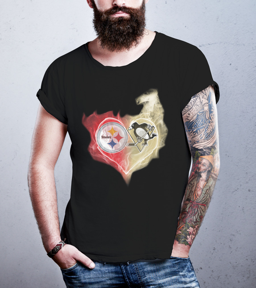Steelers Pittsburgh Penguins Heart Shape Emblem T-Shirt