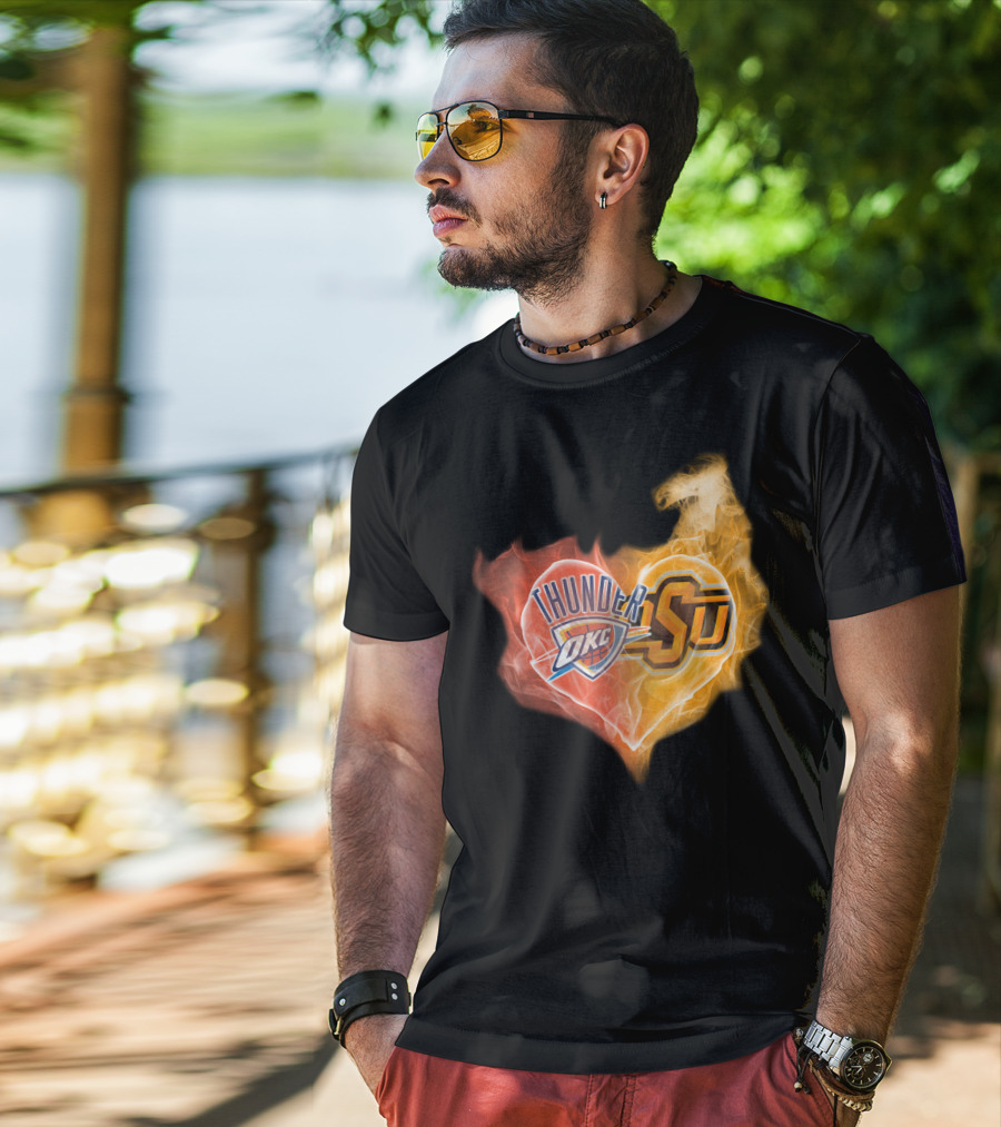 Thunder OKC And OSU Cowboys Flame Heart T-Shirt