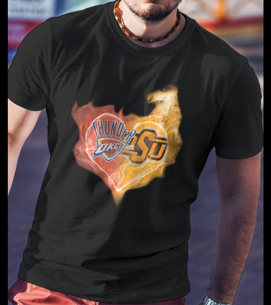 Thunder OKC And OSU Cowboys Flame Heart T-Shirt
