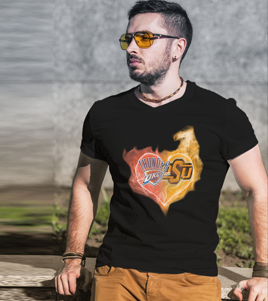 Thunder OKC And OSU Cowboys Flame Heart T-Shirt