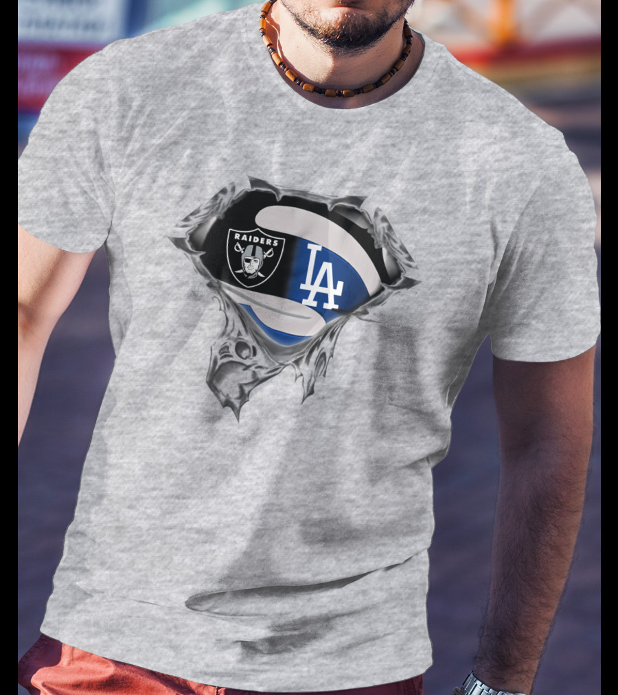 Raiders And Dodgers Logos Underneath Ripped Metal T-Shirt