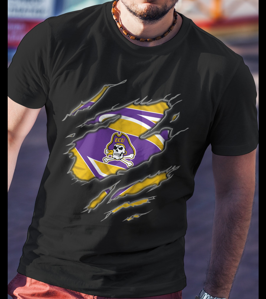 Ecu Pirates Logo With Superman Style Rip T-Shirt