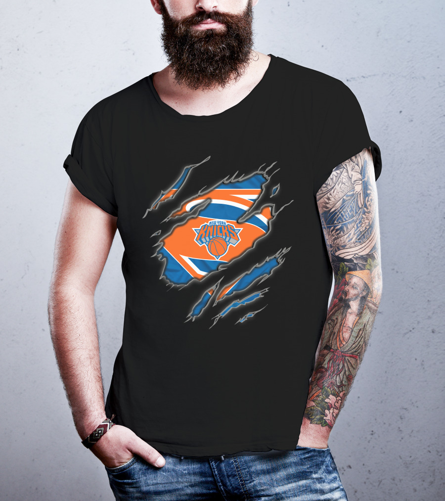 New York Knicks Superman Logo With Claw Marks And Basketball T-Shirt