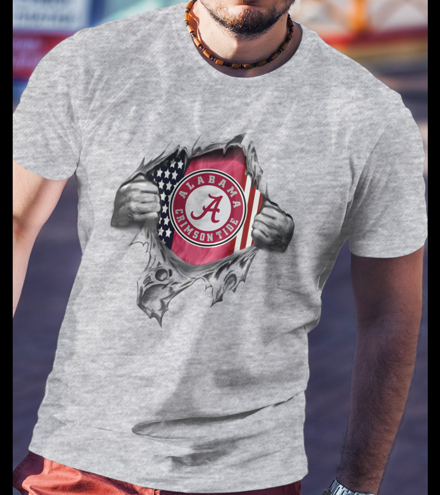 Alabama Crimson Tide American Flag Ripped Style T-Shirt