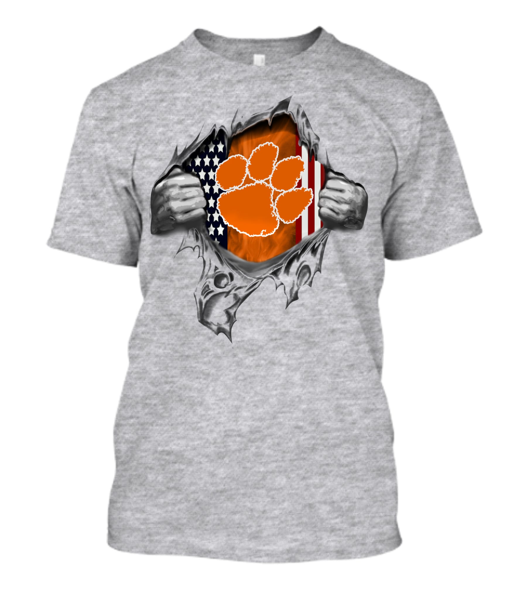 Clemson Tigers Paw Print American Flag Ripped T-Shirt