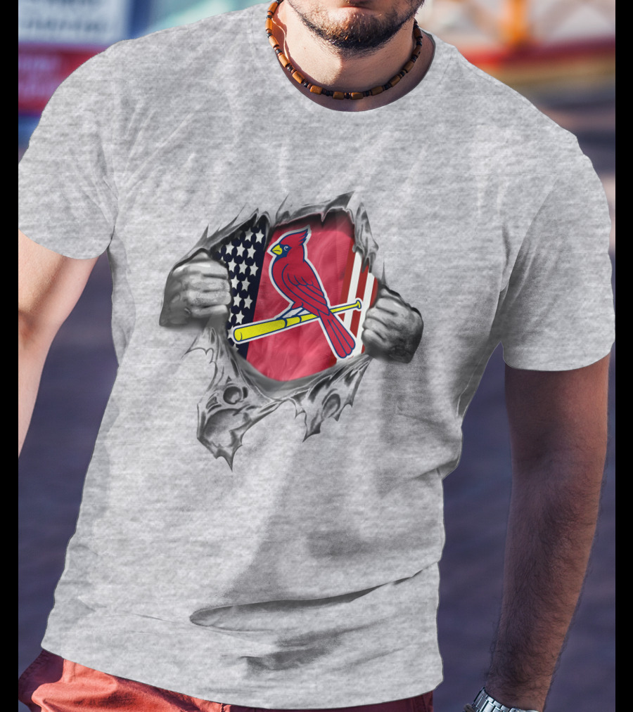 St Louis Cardinals American Flag Baseball Logo Torn Reveal T-Shirt
