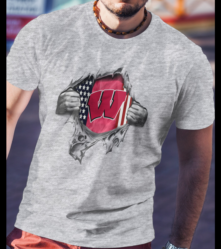 Wisconsin Badgers American Flag Ripped Reveal T-Shirt