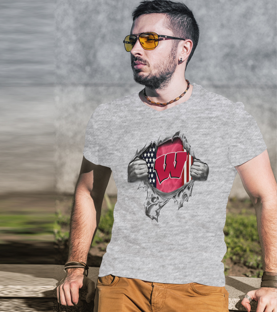 Wisconsin Badgers American Flag Ripped Reveal T-Shirt