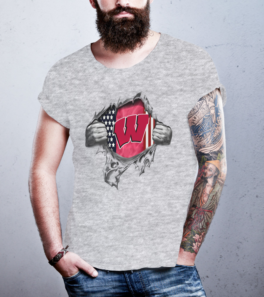 Wisconsin Badgers American Flag Ripped Reveal T-Shirt
