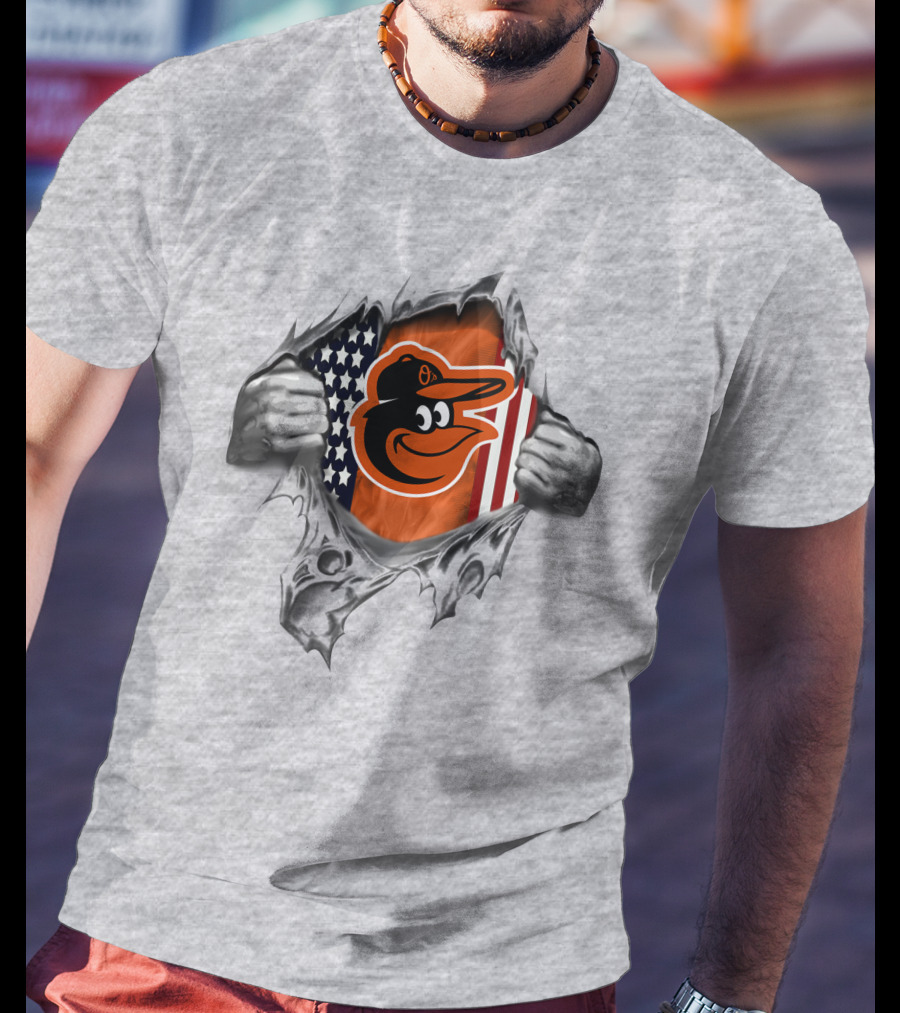 Baltimore Orioles American Flag Baseball Team Logo Peeling Layers T-Shirt