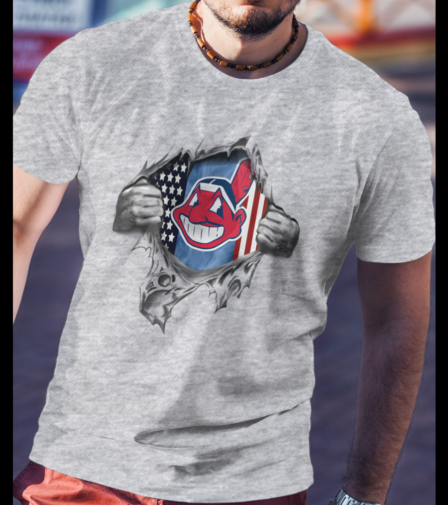Cleveland Indians Chief Wahoo Flag American Flag Ripped T-Shirt