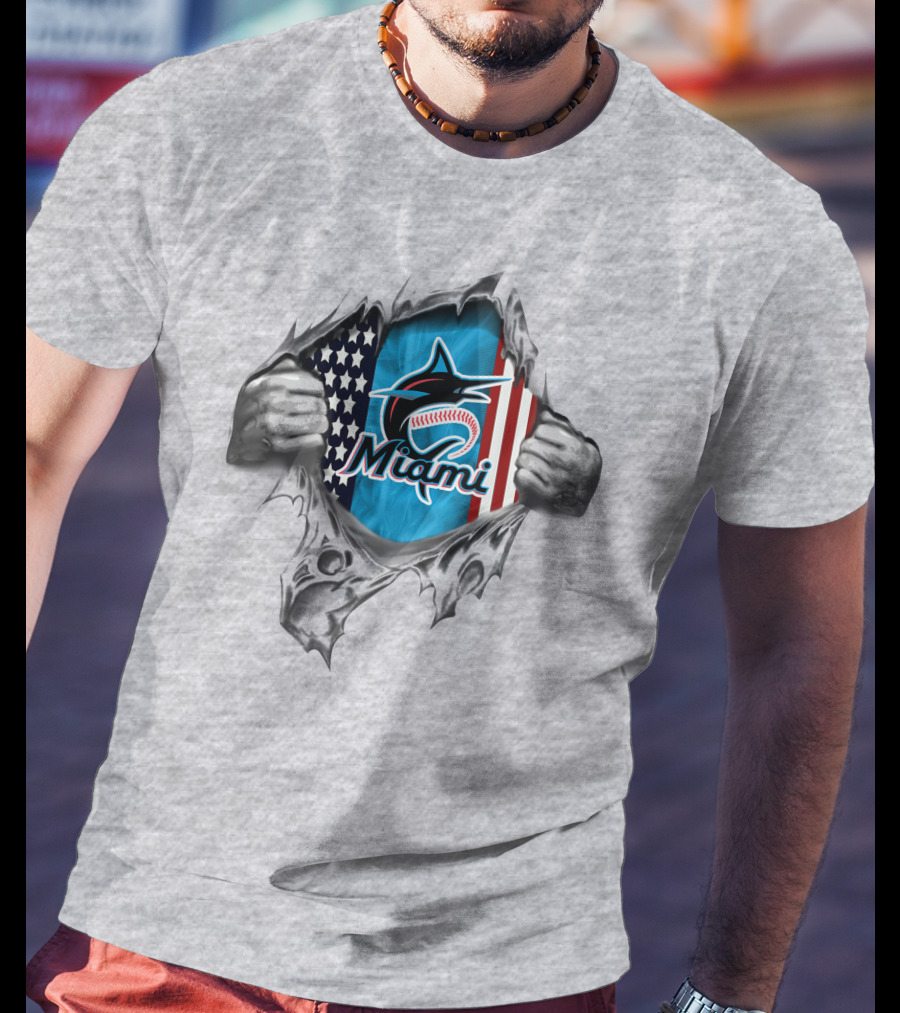 Miami Marlins American Flag Baseball Logo Tear Effect T-Shirt