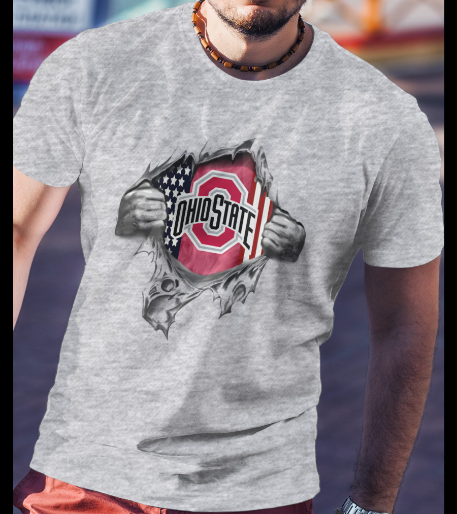 Ohio State Buckeyes American Flag Rip Through T-Shirt
