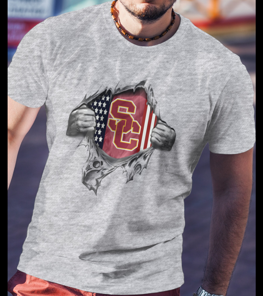Usc Trojans American Flag Logo Ripped Chest T-Shirt