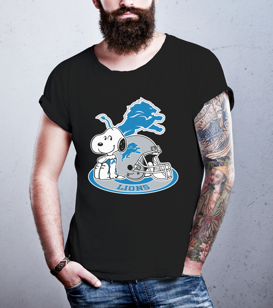Detroit Lions Snoopy Helmet Nfl Team Logo Peanuts Featured T-Shirt