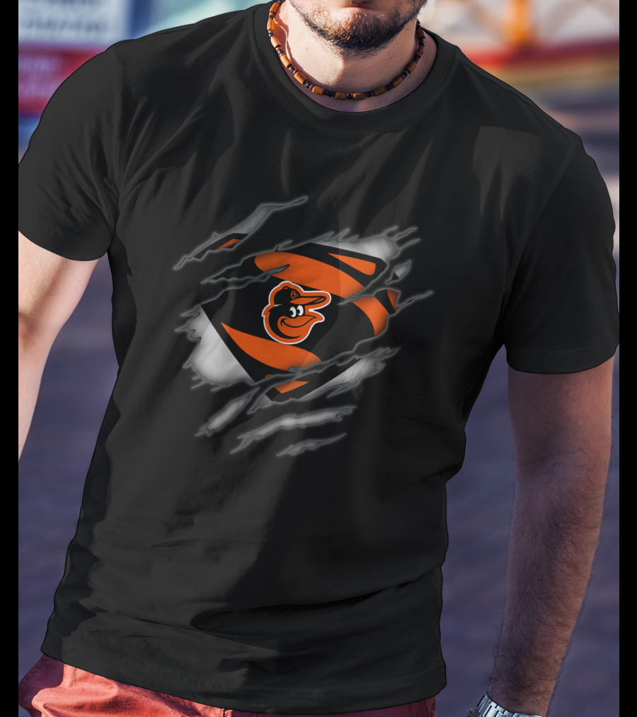 Baltimore Orioles Logo In Superman Style Rip T-Shirt
