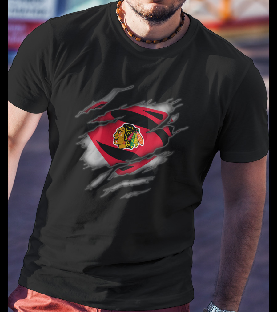 Chicago Blackhawks Superman Logo Claw Ripped Effect T-Shirt