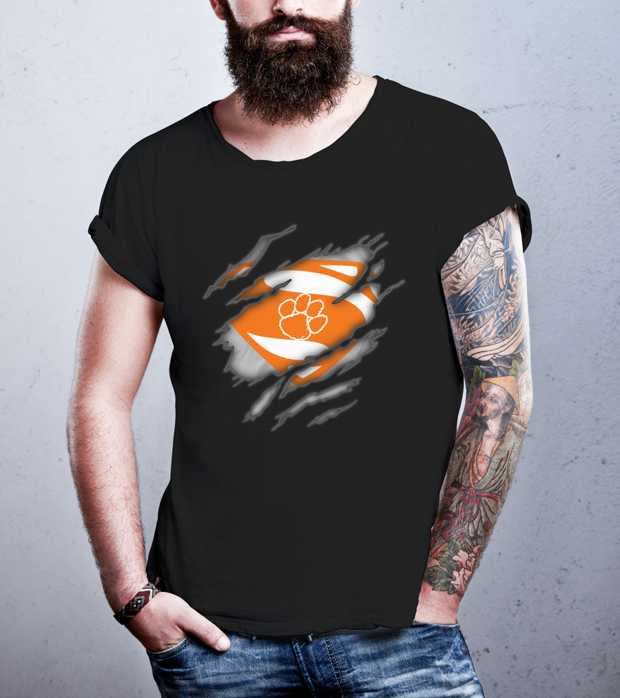 Clemson Tigers Logo Superman Ripped Chest T-Shirt