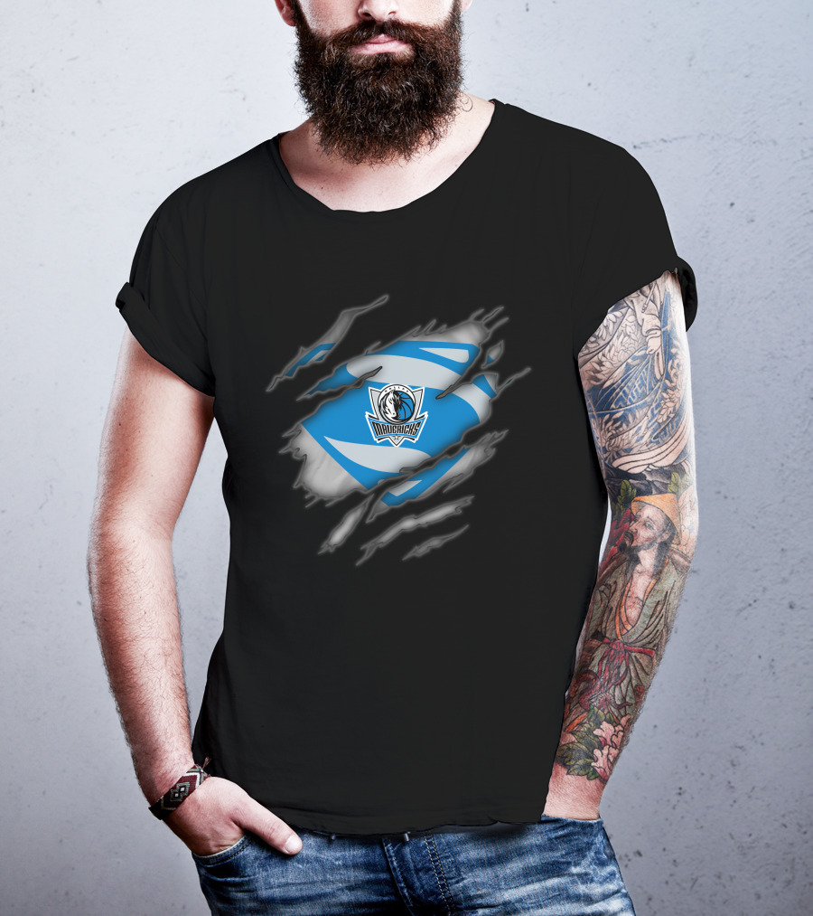 Dallas Mavericks Logo With Superman Style Costume Rip T-Shirt