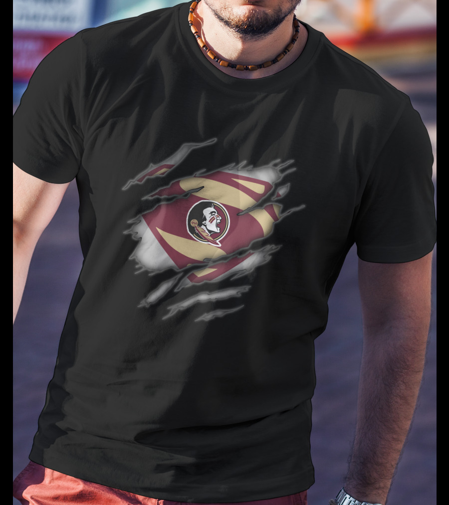 Florida State Seminoles Logo With Superman Style Rip Effect T-Shirt