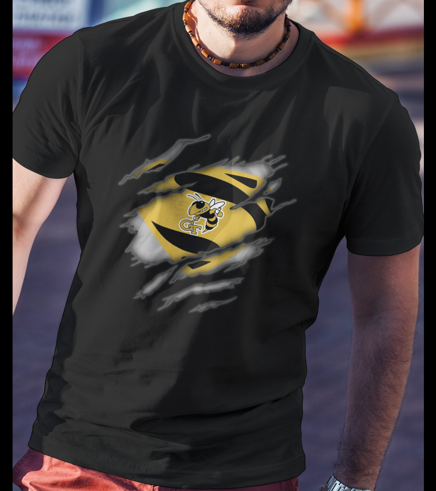 Georgia Tech Yellow Jackets Superman Logo Ripped Effect T-Shirt
