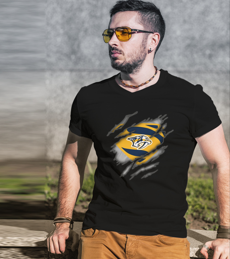Nashville Predators Rip Through Logo Superhero Style T-Shirt