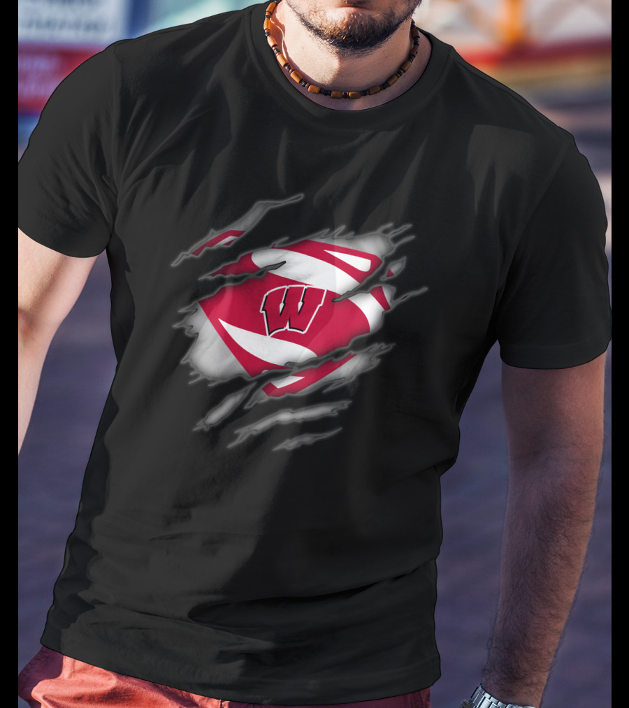 Wisconsin Badgers Logo With Superman Style Shield Print T-Shirt