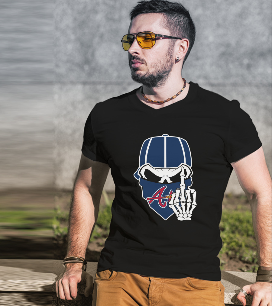Atlanta Braves Skull Bandana And Skeleton Hand Gesture T-Shirt