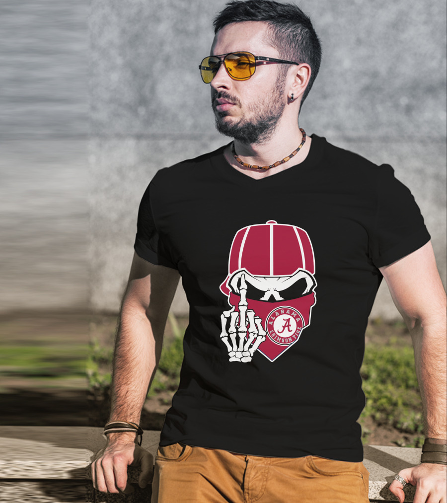 Alabama Crimson Tide Skull Skeleton Bandana Middle Finger T-Shirt