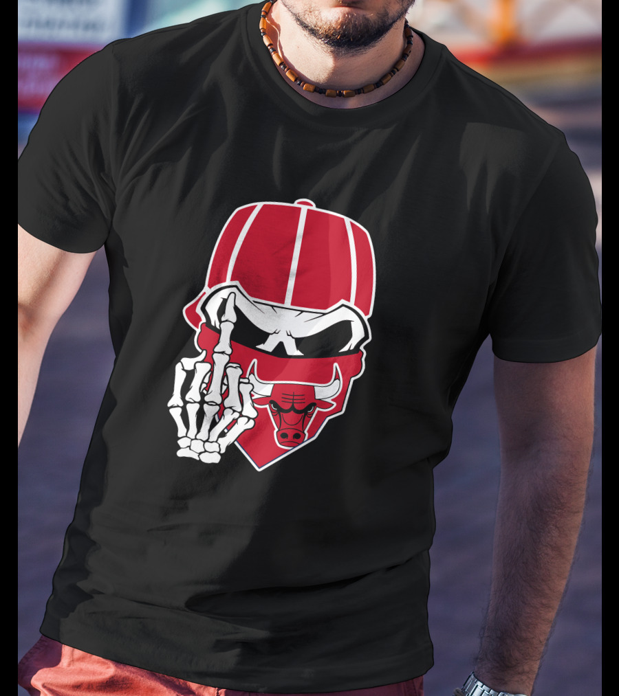 Chicago Bulls Skull Bandana Skeleton Hand Gesture T-Shirt