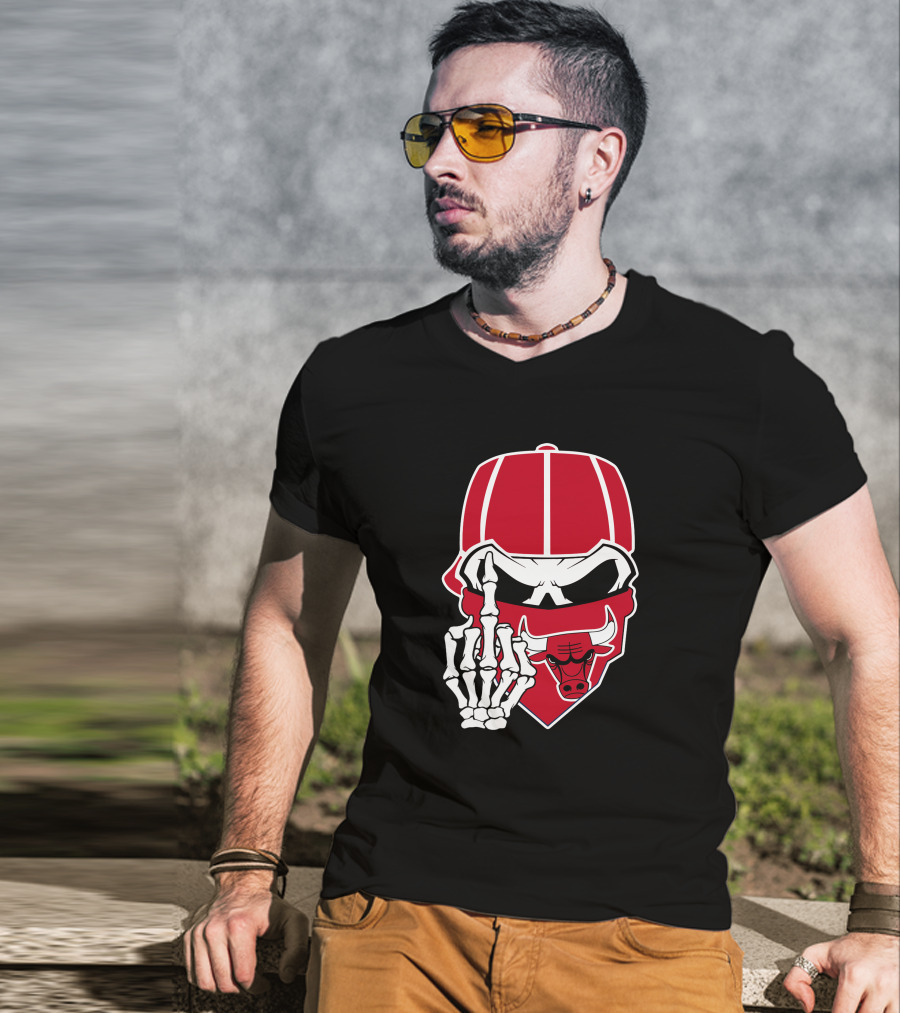 Chicago Bulls Skull Bandana Skeleton Hand Gesture T-Shirt