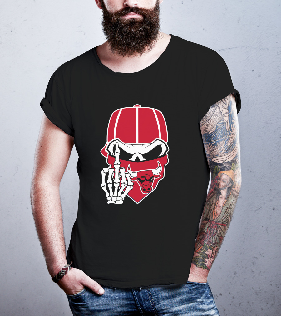 Chicago Bulls Skull Bandana Skeleton Hand Gesture T-Shirt