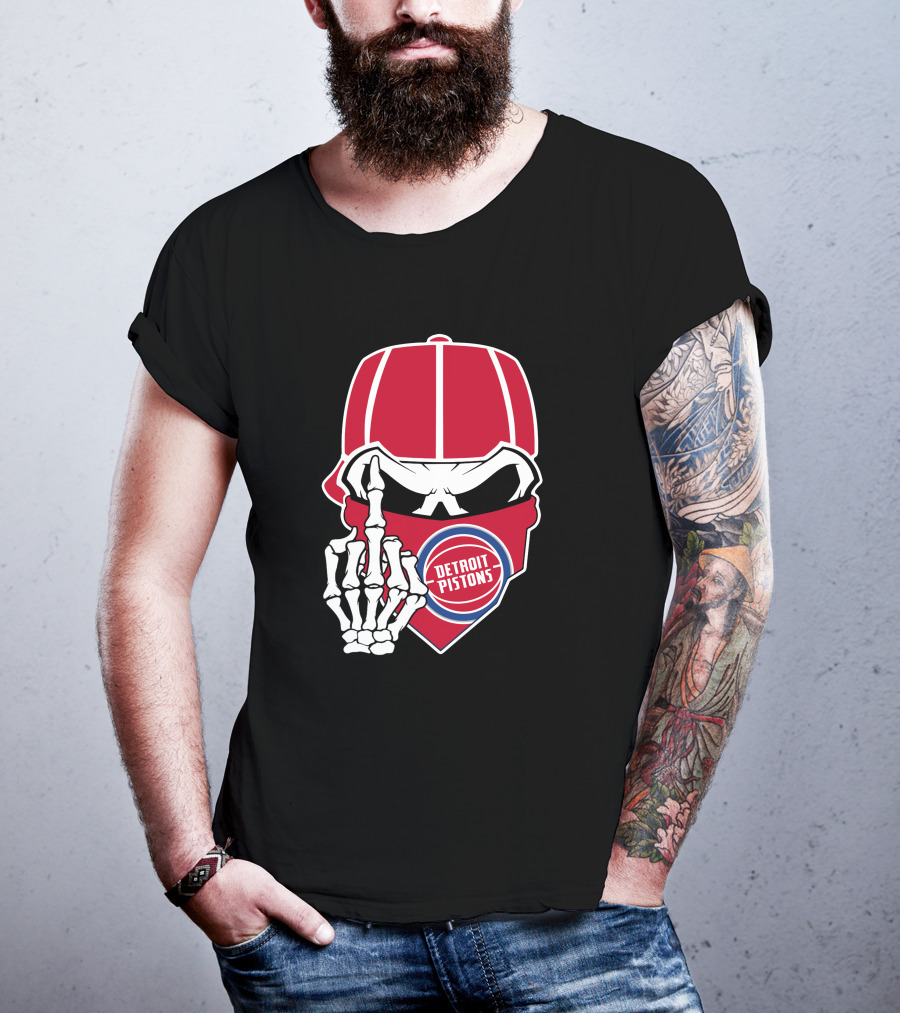 Detroit Pistons Skull Bandana Skeleton Gesture T-Shirt