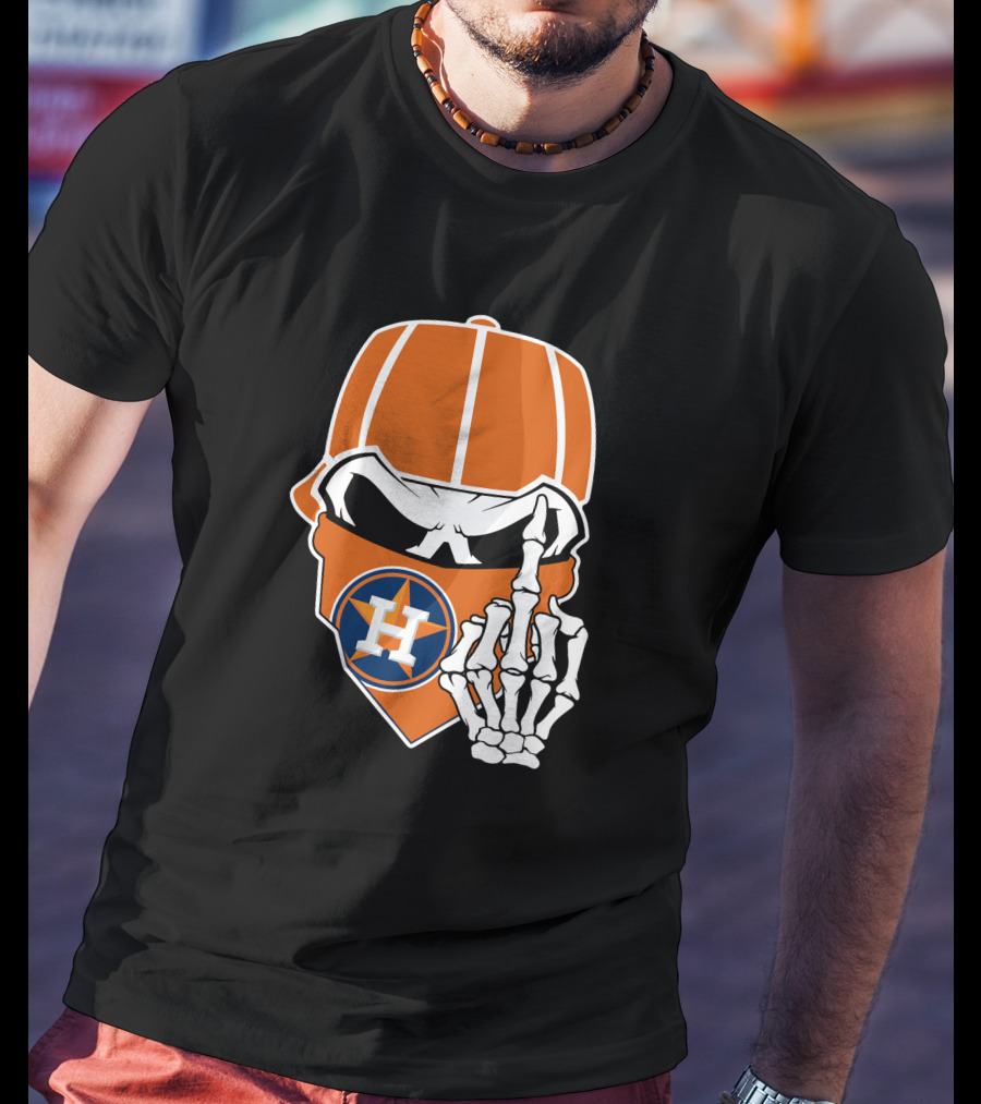 Houston Astros Skull With Cap And Skeleton Hand T-Shirt