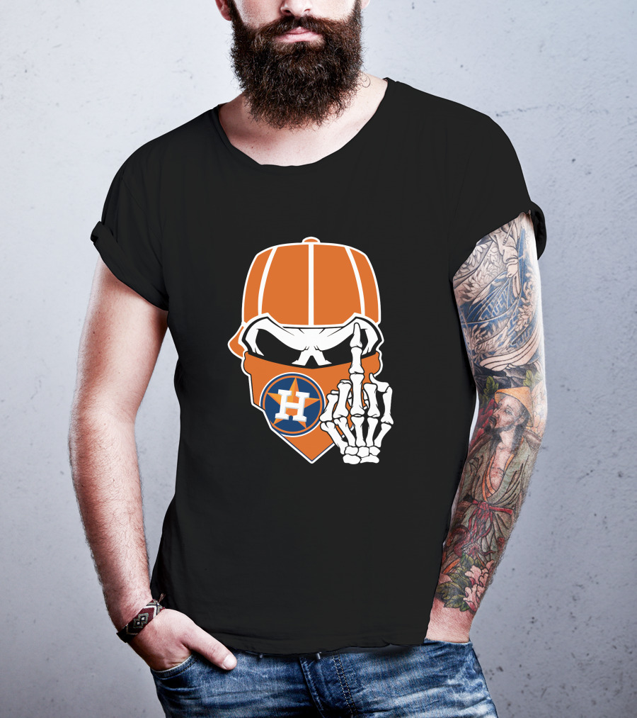 Houston Astros Skull With Cap And Skeleton Hand T-Shirt