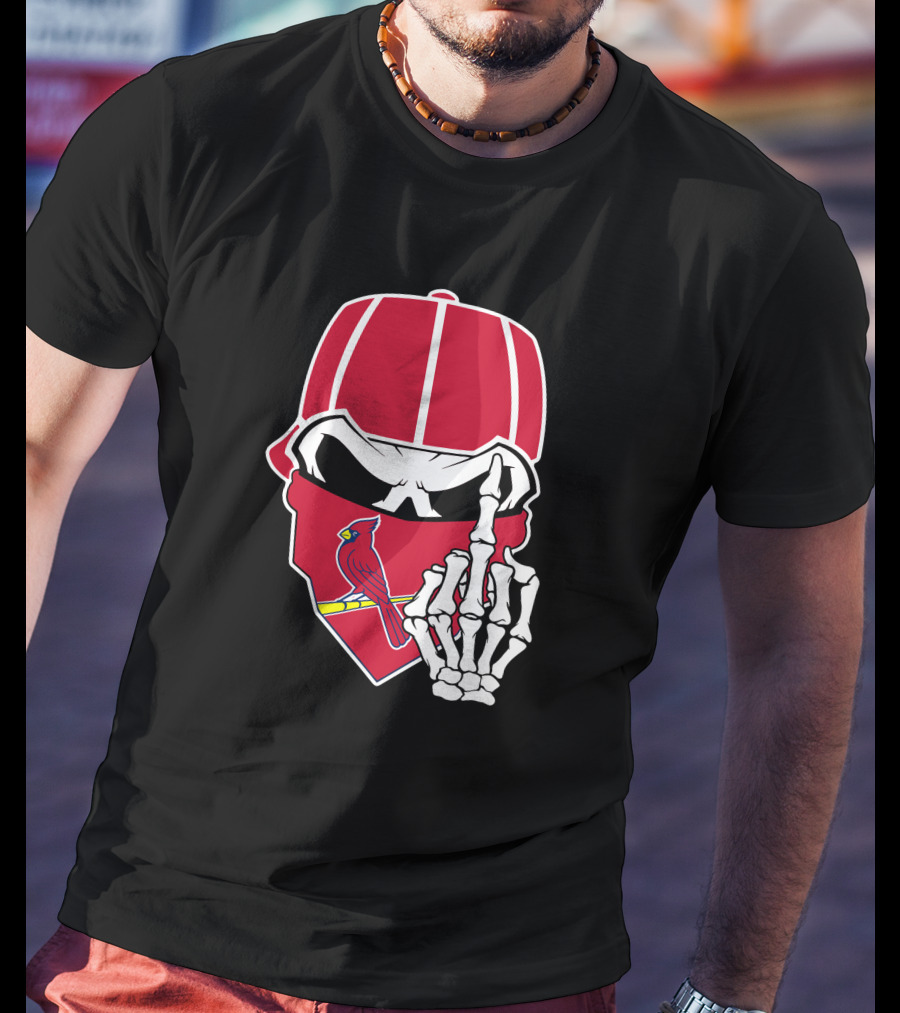 St Louis Cardinals Skull With Bandana And Skeleton Hand T-Shirt