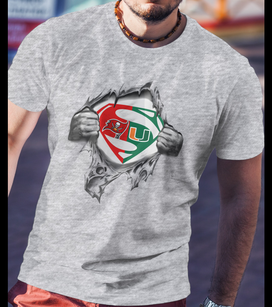 Superman Logo With Buccaneers And Miami Hurricanes Symbols Tear Reveal T-Shirt