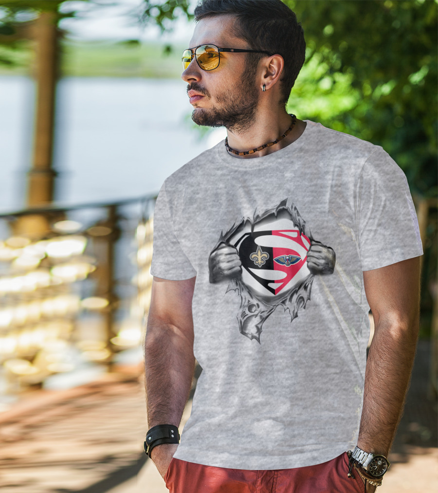 Saints New Orleans Pelicans Superman Logo Fusion T-Shirt